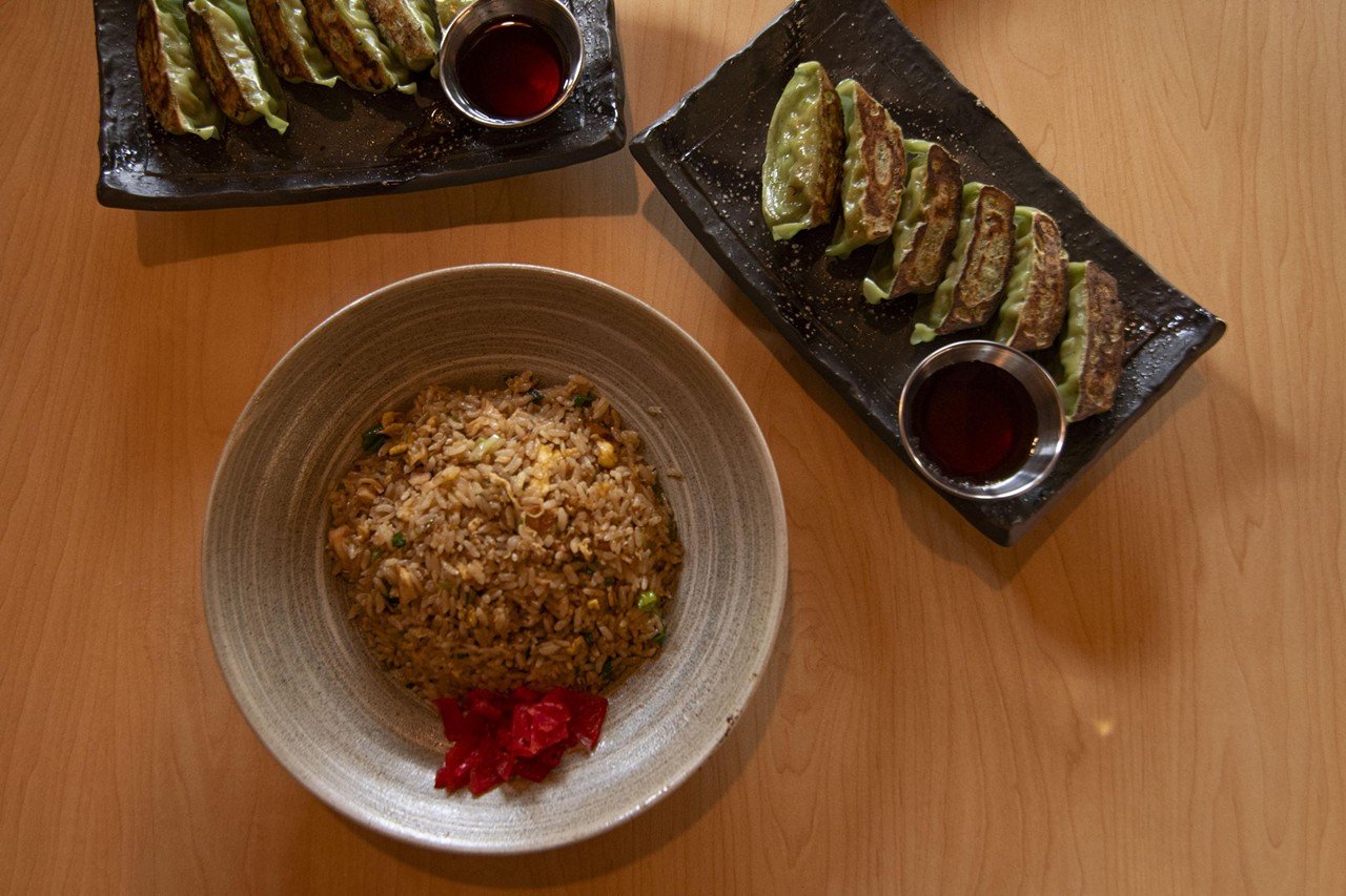 Gyoza, veggie gyoza, and fried rice