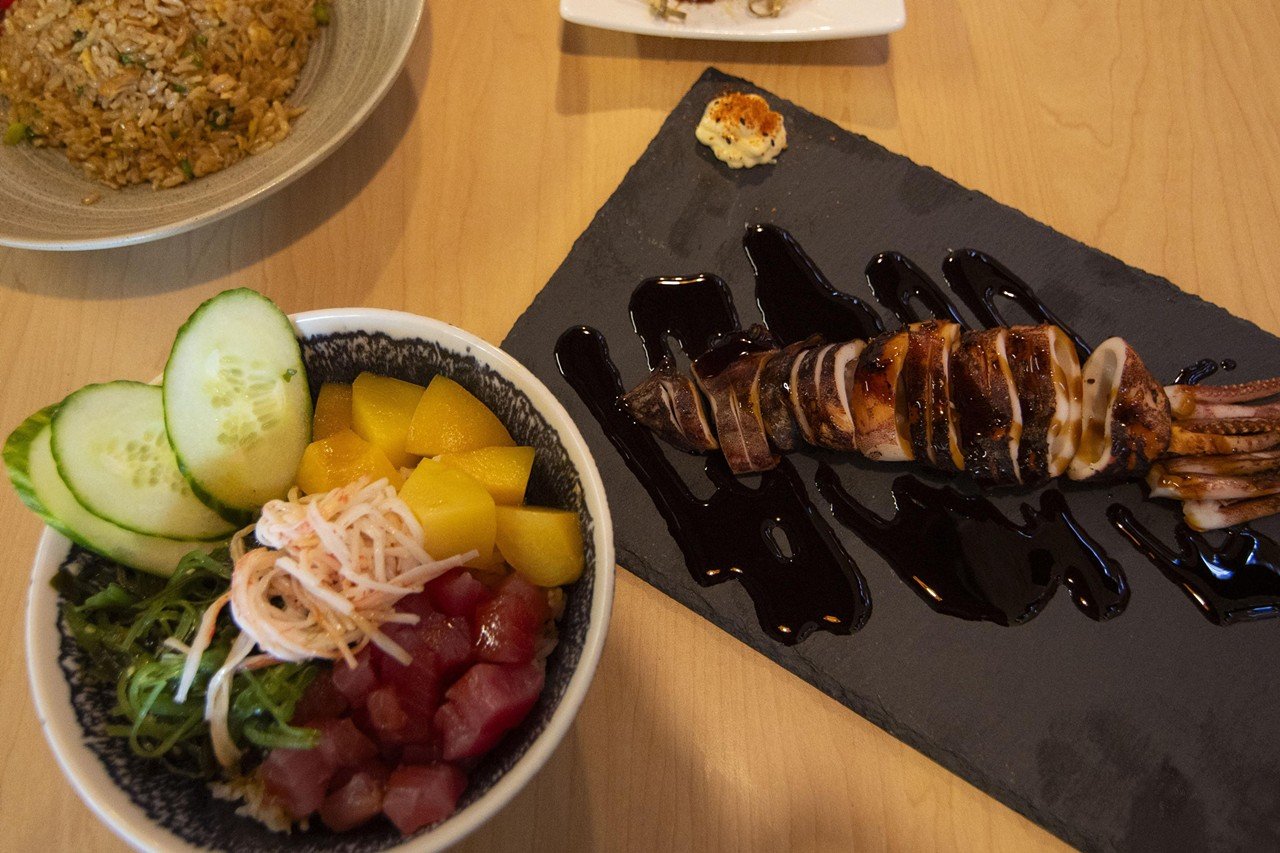 Tuna poke bowl and BBQ squid