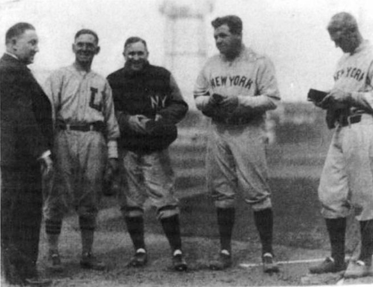 1932 - Jack Teigh (2nd from left) Joe McCarthy, Babe Ruth, and Earl Combs at Parkway Field. Facebook