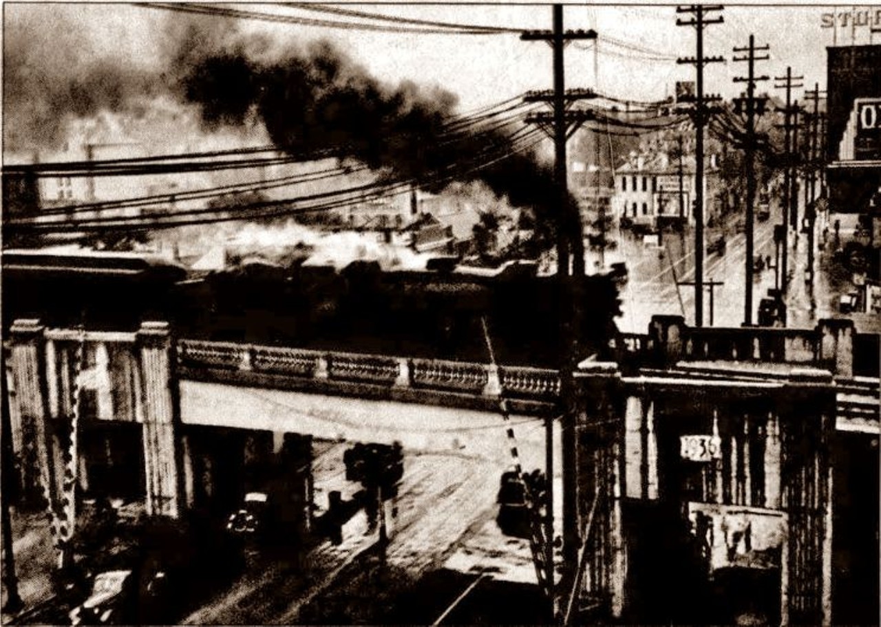 1937 - L & N train crosses Broadway at overpass just west of Barret Ave looking east.