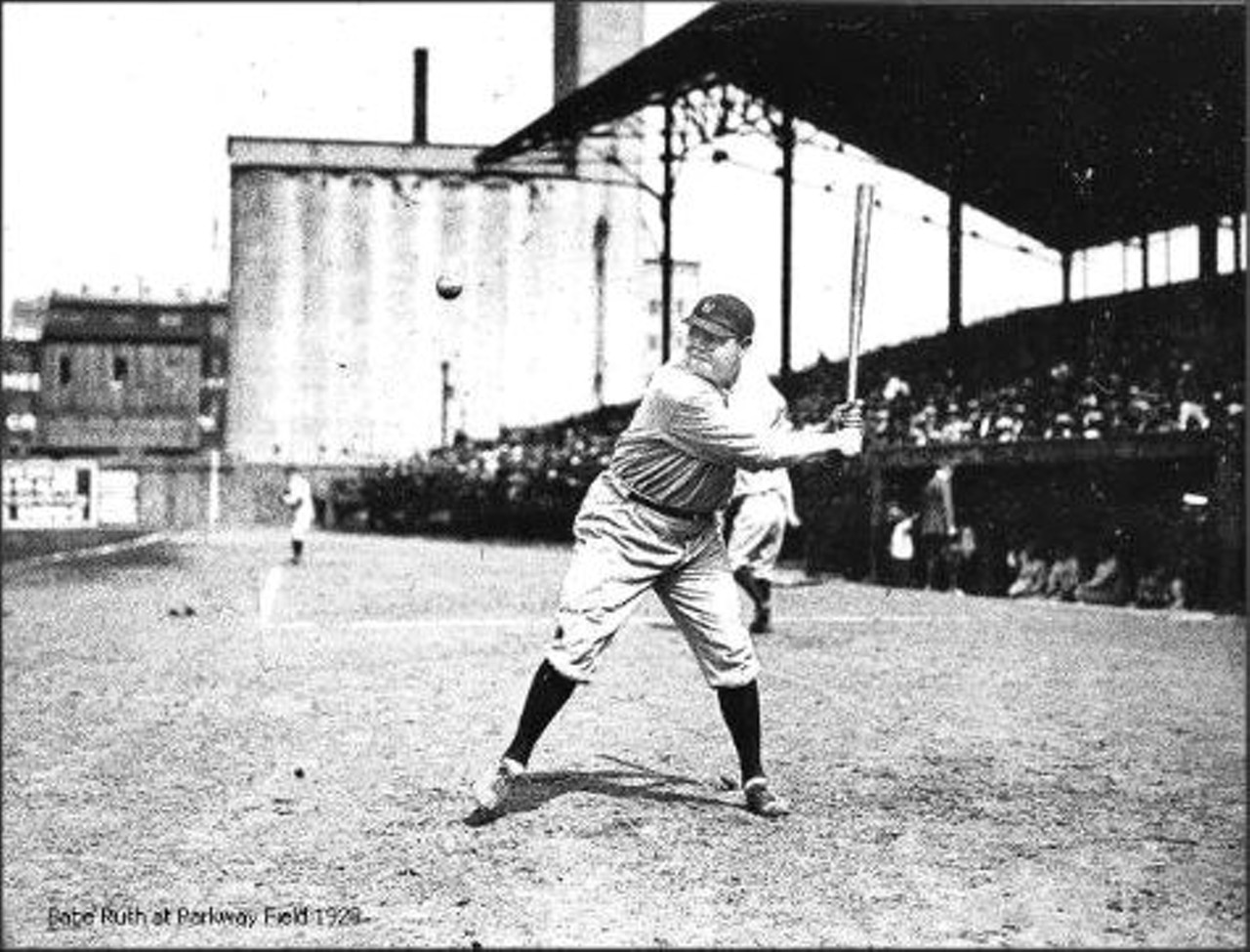 1928 - Babe Ruth, Parkway Field. Ralston Purina silos in background were demolished in 2014. University of Louisville Photographic Archives