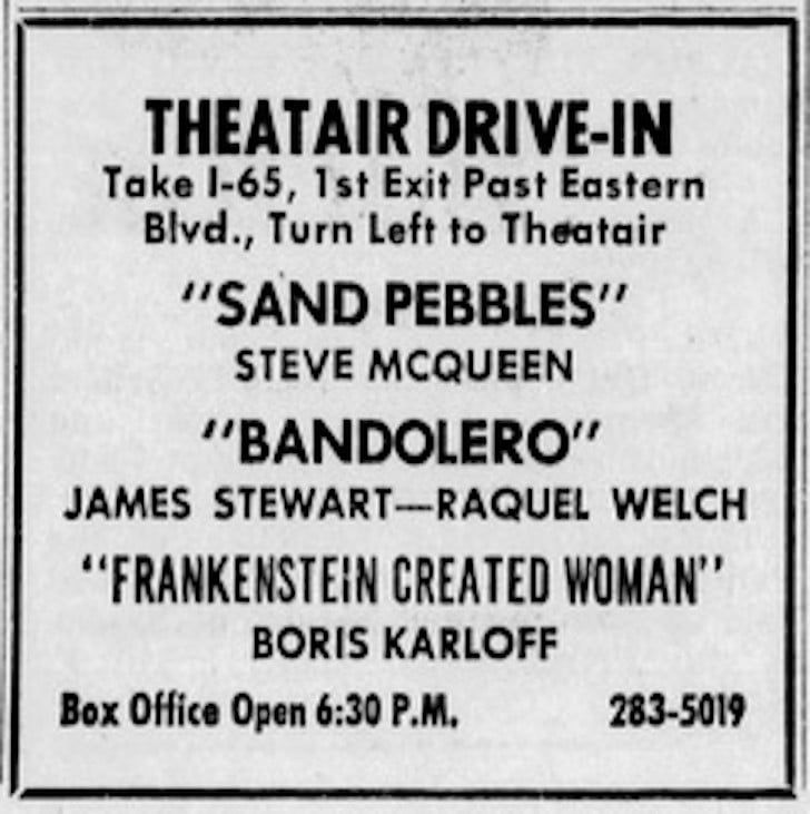 A movie listing for the &#147;Theatair Drive-In&#148; in the Courier Journal in November 1970, shortly before the theater began showing pornographic movies.