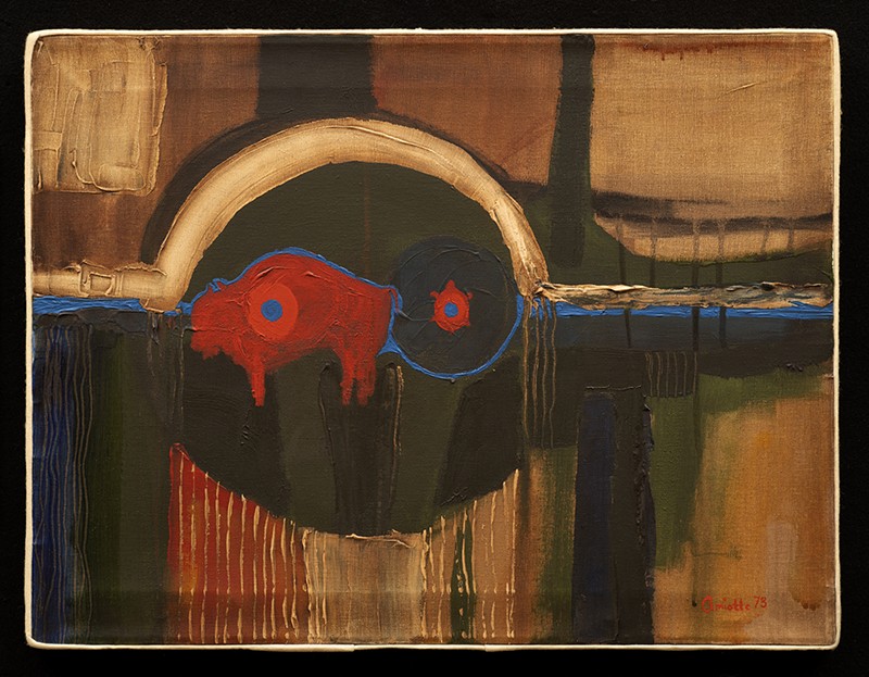 Arthur Amiotte,Oglála Lakȟóta Oyáte (Oglala Lakota Nation), Buffalo Image, 1973, oil on canvas, 18 by 24 inches. Courtesy of Tia Collection, Santa Fe, New Mexico. - James Hart Photography