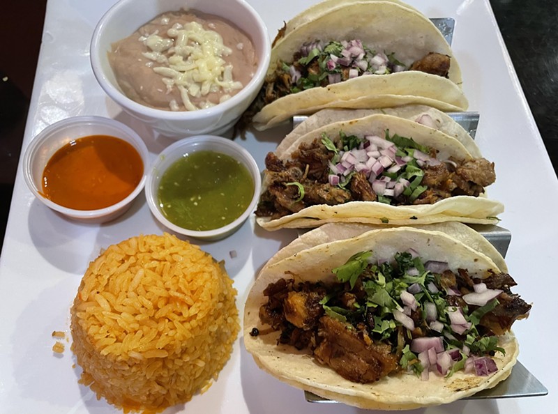 A brace of tacos might sound like a light meal, but these generously proportioned carnitas tacos at La Cocina de Mama will fill you up. They're loaded with twice-cooked, seasoned pork and finished in the traditional style with onions and cilantro, refried beans and plenty of rice on the side. - Robin Garr