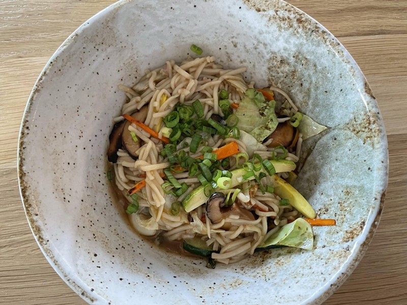 Mushroom yakisoba, a popular Japanese fried-noodle dish, featured tender house-made noodles. Tossed with tofu and a bounty of spring vegetables, it made a tempting main dish. - Robin Garr